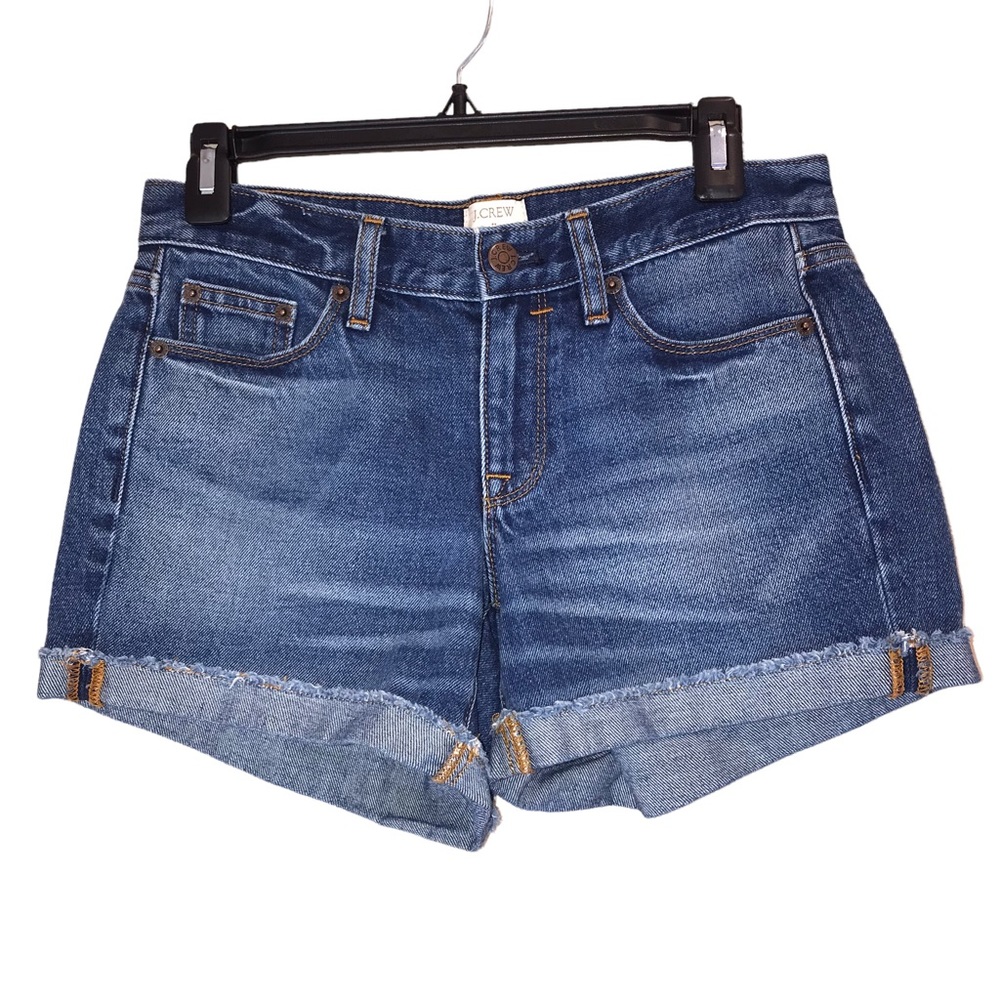 J Crew Denim Shorts Dark Wash Raw Hem Rolled Up Size 24